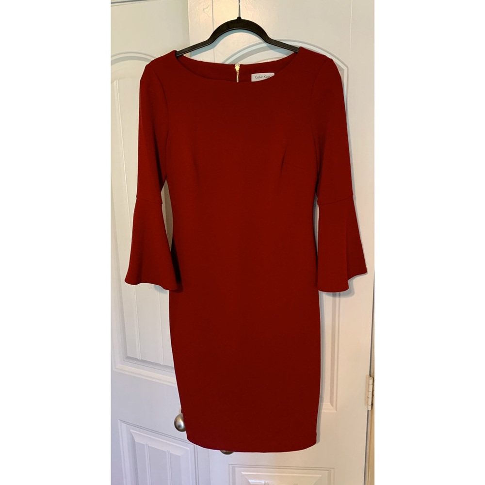 Calvin Klein Red Fitted Dress Flare Sleeve Knee Length Size 4 Small